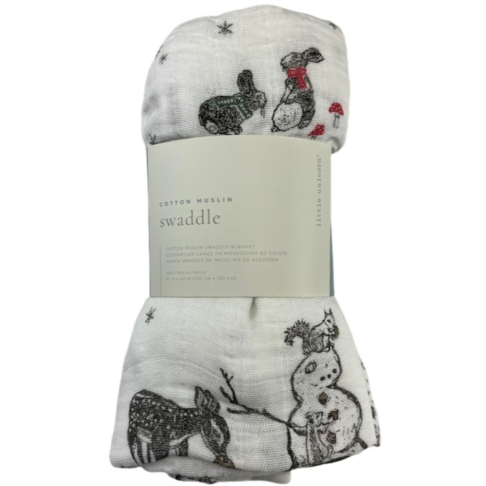 Little Unicorn Winter Themed Cotton Swaddle Blanket Unisex Black‎ White Snowman